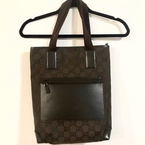 AUTHENTIC Gucci Monogram Brown Leather Rims Tote